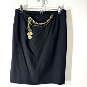 W Worth Black Wool Pencil Skirt with Gold Chain Belt